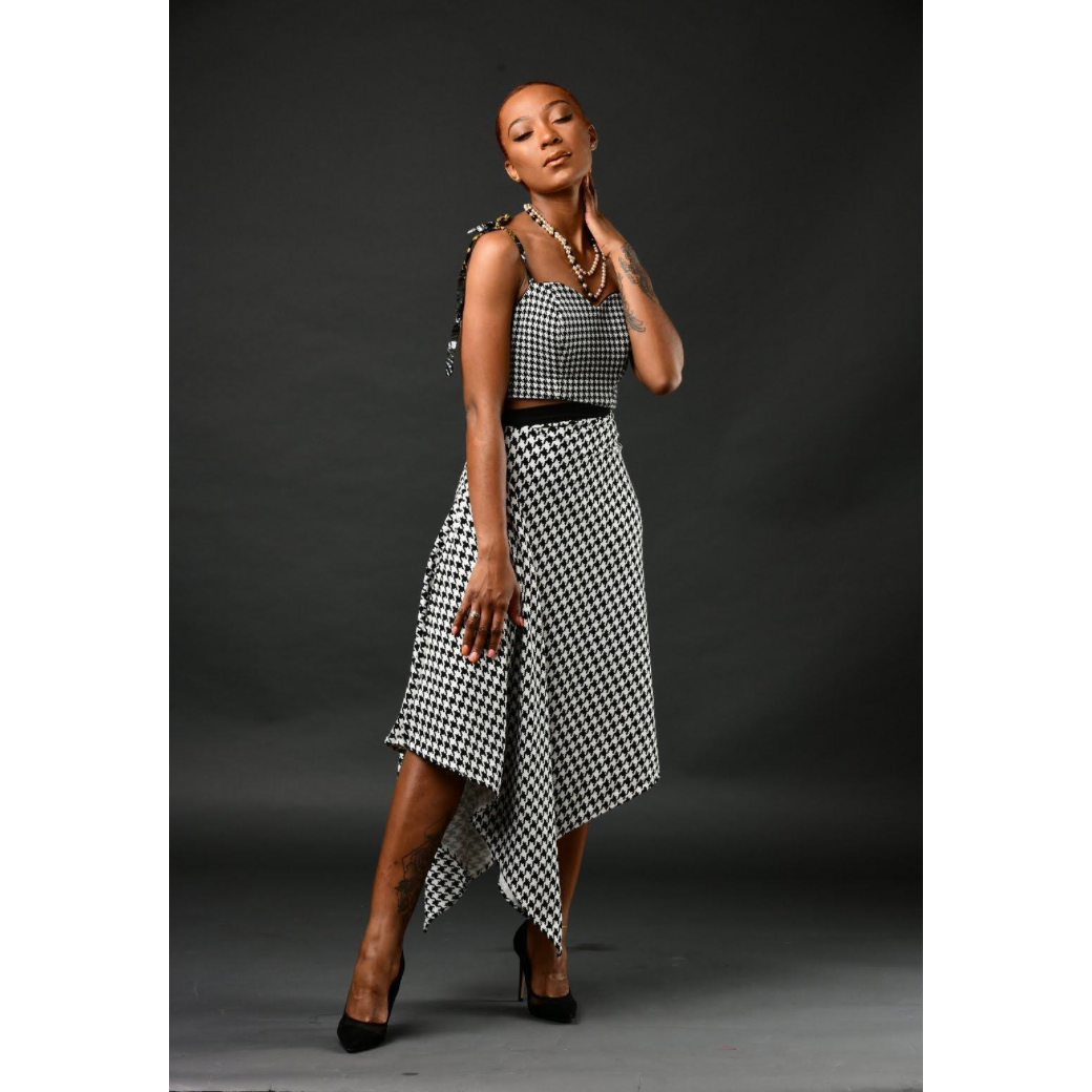 Elegant Houndstooth Bustier Set with Adire Accents