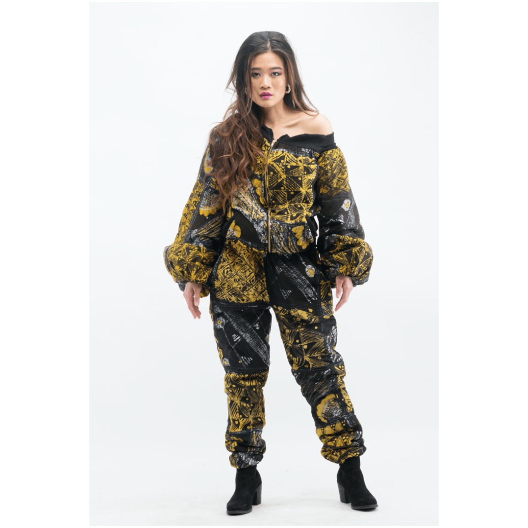 Chic Adire Crepe Lounging Set: Off-Shoulder Bomber & Cozy Joggers