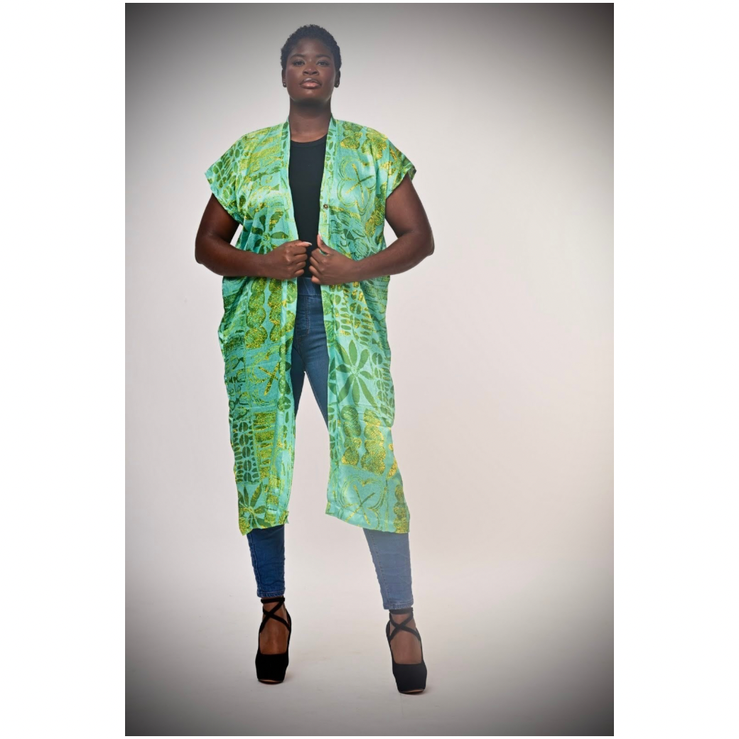 Green Beauty Print Open Back Kimono