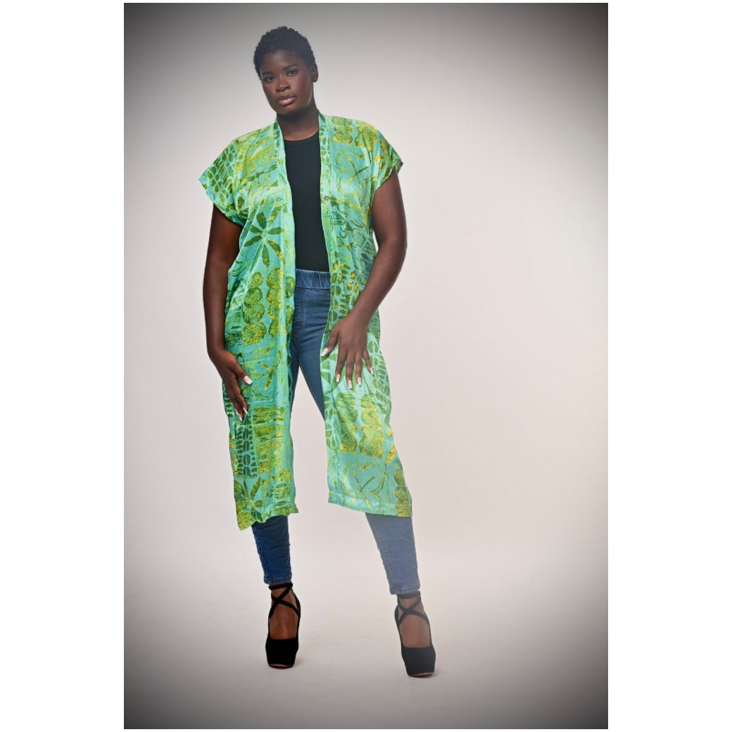 Green Beauty Print Open Back Kimono