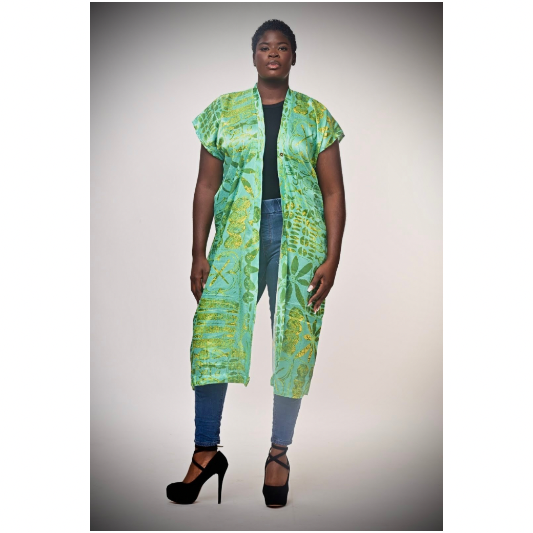 Green Beauty Print Open Back Kimono