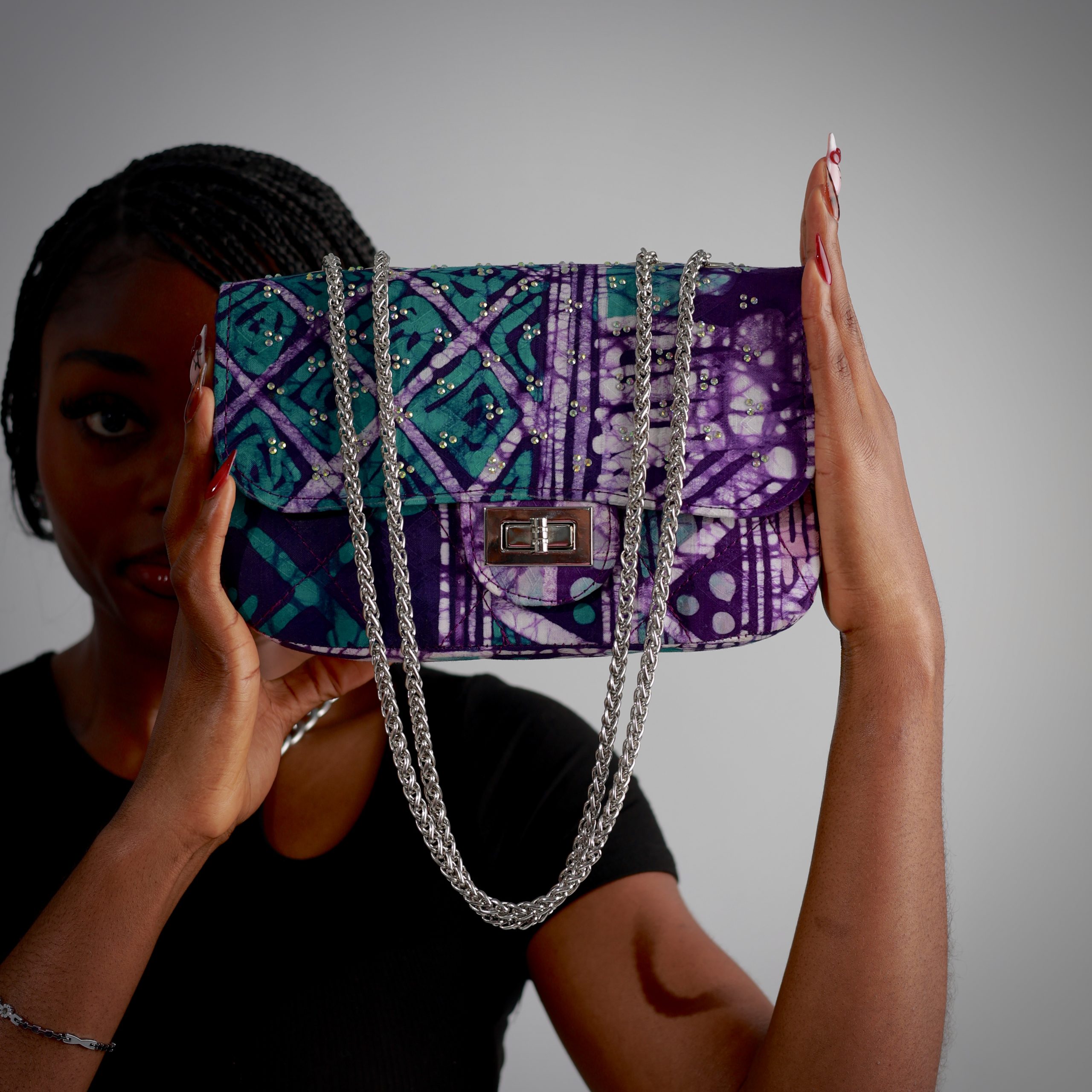 Yelé Unity Print Rhinestone Embellished Bag for Women - Purple&Teal