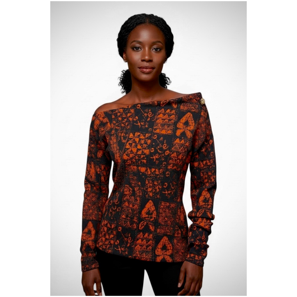 Unity Print Fall Top black and burnt orange cotton rib knit long sleeve Yelé