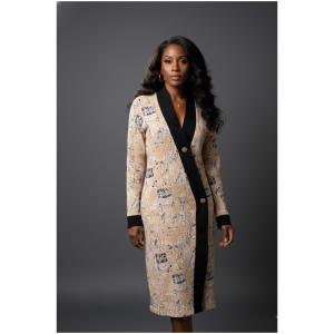 Festivity Print Office Rib Knit Dress beige and black long sleeve Yelé Afro luxury