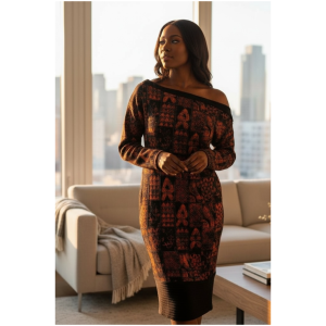 Woman wearing an offshoulder black and orange Unity Print cotton rib knit office dress with cultural symbols.