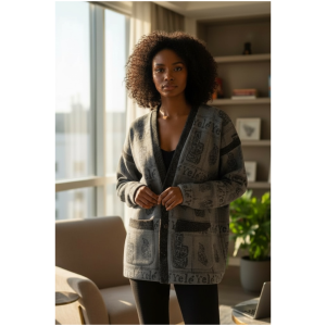 Royalty Print Unisex Cardigan grey cotton fleece Afro luxury Yelé jacket