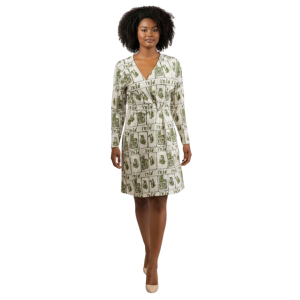 Yelé Royalty Print Cocktail Dress green and white cotton rib knit long sleeve