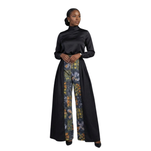 High waisted Unity Print wide leg pants with black overskirt African brocade Yelé