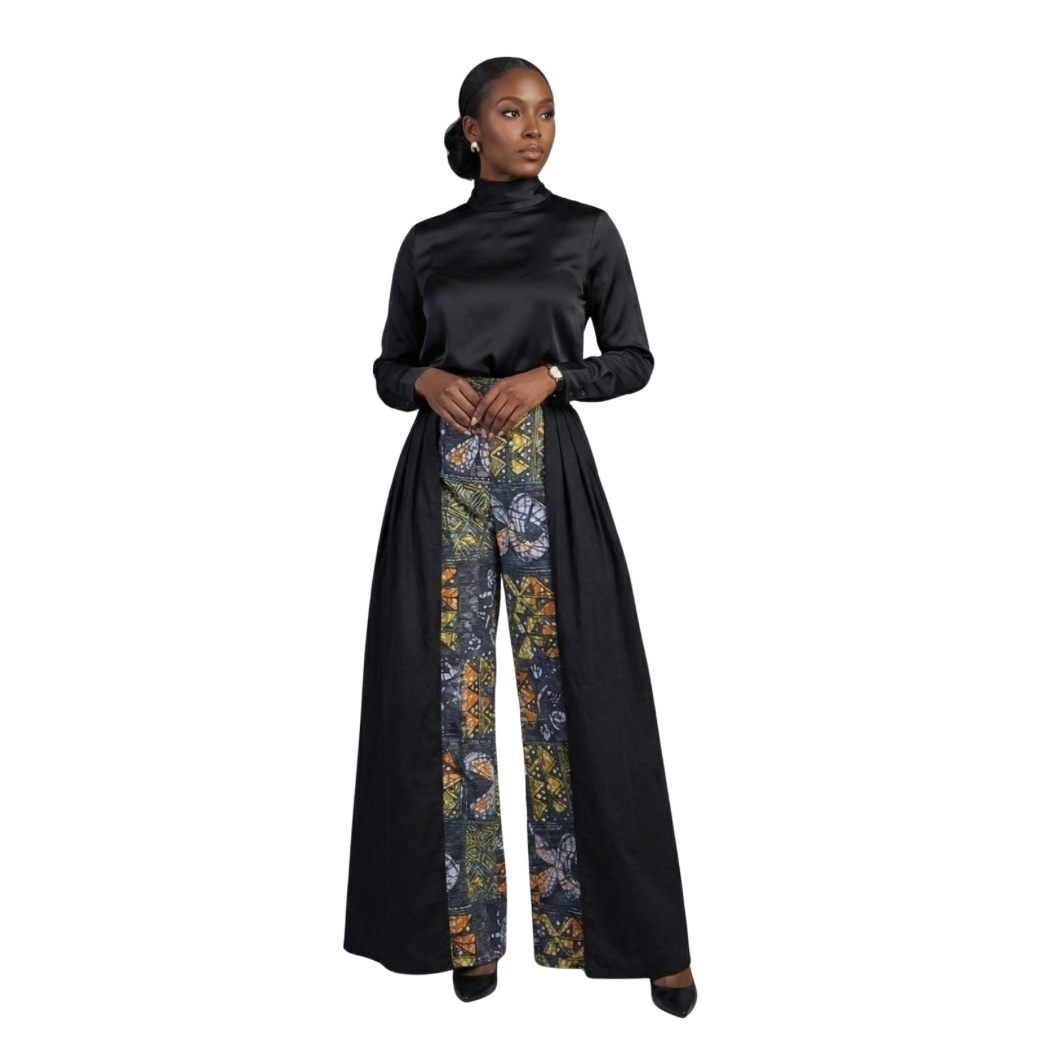 High waisted Unity Print wide leg pants with black overskirt African brocade Yelé