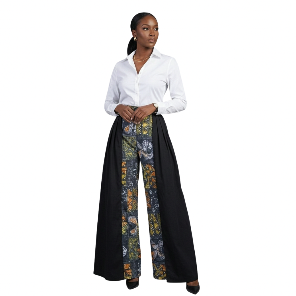 High-Waisted Unity Print Wide-Leg Pants with Black Side Panel Overskirt Overlay