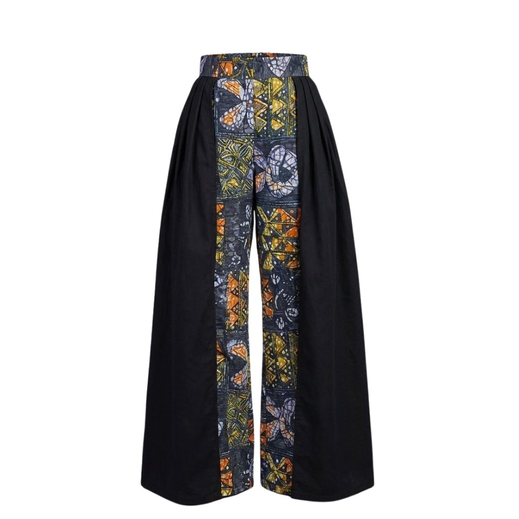 High-Waisted Unity Print Wide-Leg Pants with Black Side Panel Overskirt Overlay