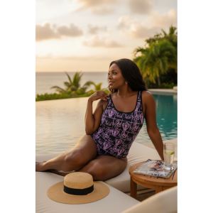 Black and lilac Power of Love African print one piece swimsuit Yelé.